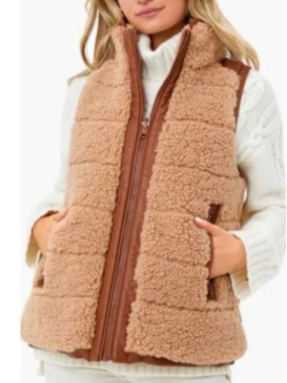 Women’s Tan Sherpa Vest with Zip Front